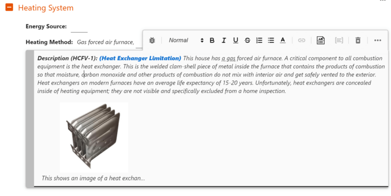 A screenshot from ScribeWare Home Inspection software describing the gas air furnace heating system