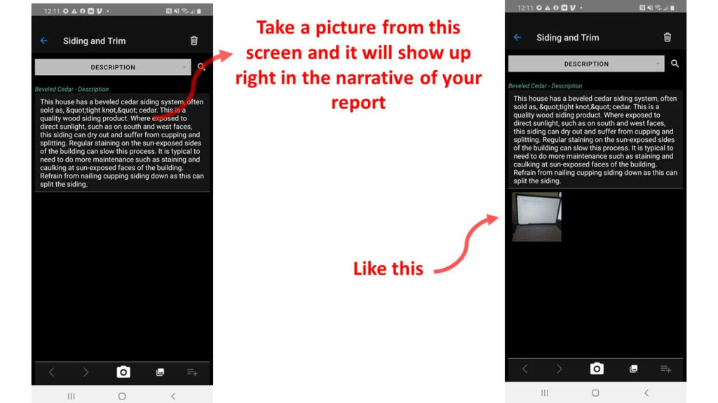 A screenshot from a Samsung using ScribeWare Home Inspection Software describing an image.