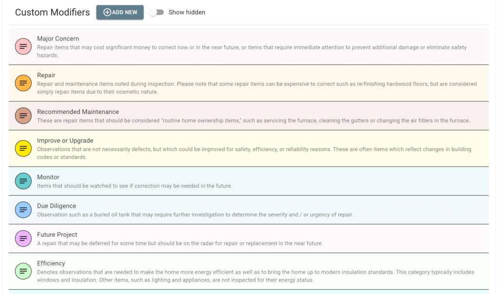 A screenshot from ScribeWare Home Inspector software, looking at custom modifiers. Use in a home inspection report