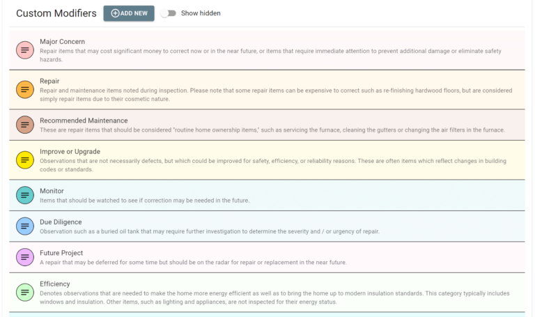 A screenshot from ScribeWare Home Inspector software, looking at custom modifiers. Use in a home inspection report