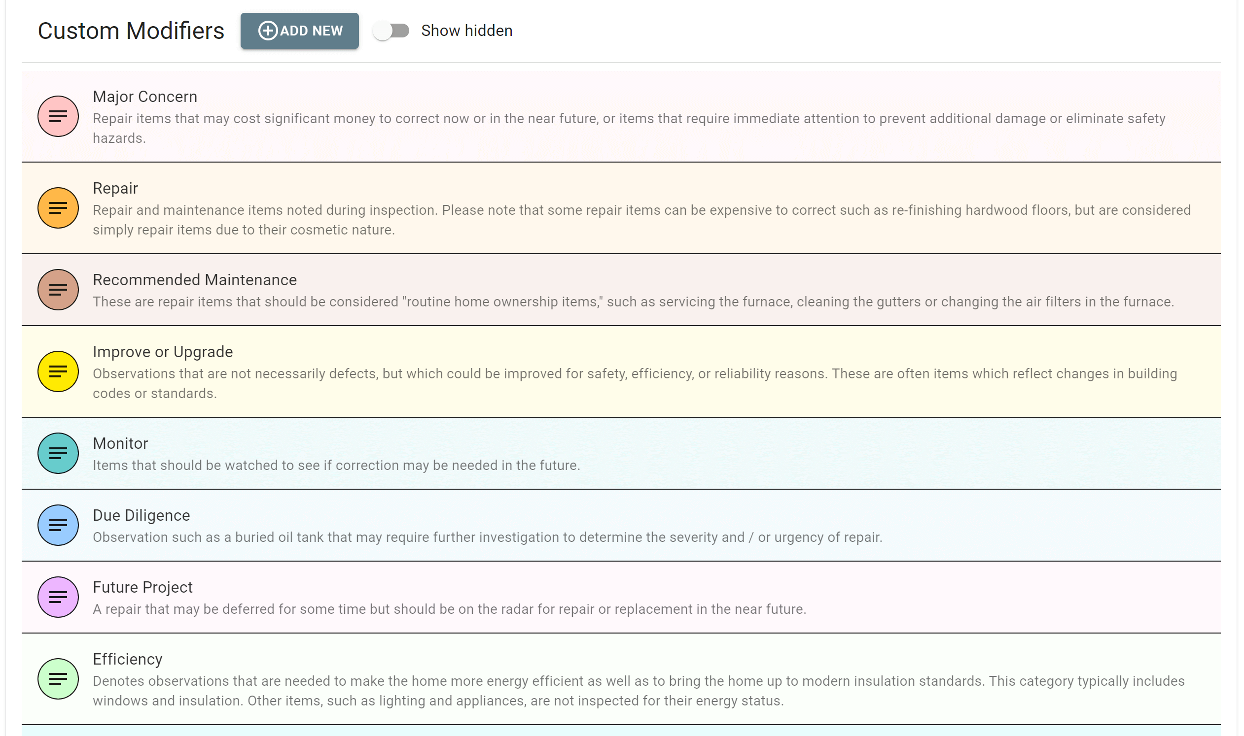 A screenshot from ScribeWare Home Inspector software, looking at custom modifiers. Use in a home inspection report