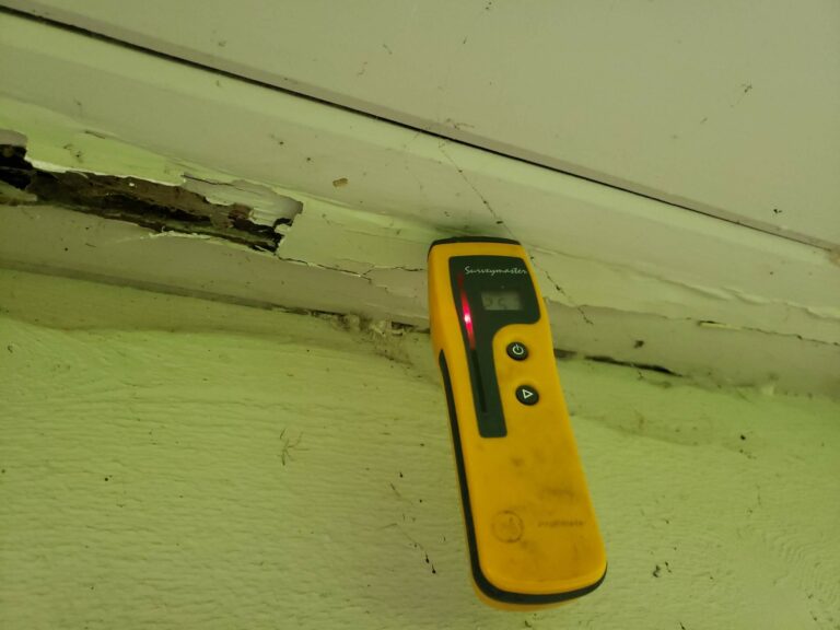 A moisture meter, measuring the moisture in wood on a roof. Use for a home inspection report