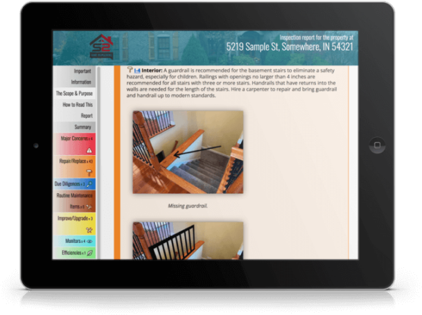 A screenshot of ScribeWare Inspection Report Software showing an inspection of a staircase.